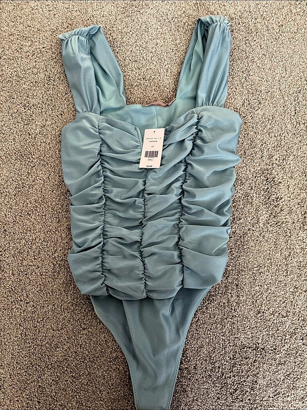 willow + root Ruched Satin Bodysuit Blue Small NWT